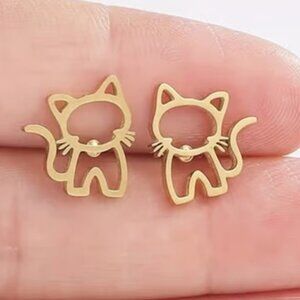 Gold Stainless Steel KITTY CAT Stud Earrings